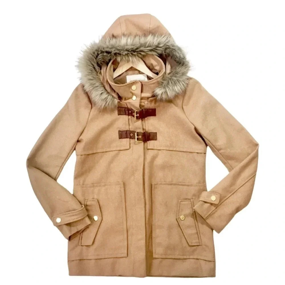 CI SONO Camel Faux Fur Hooded Toggle Full Zip Coat Size Large
